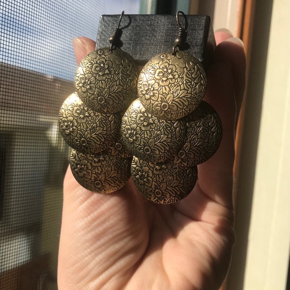 Floral Disk Brass Dangle Earrings